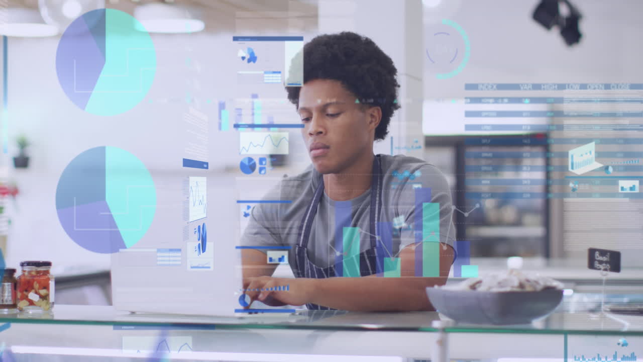 Animation of multiple graphs, trading board, loading circles, biracial male barista using laptop