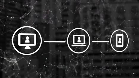 animación de la red de conexiones e iconos sobre un fondo oscuro