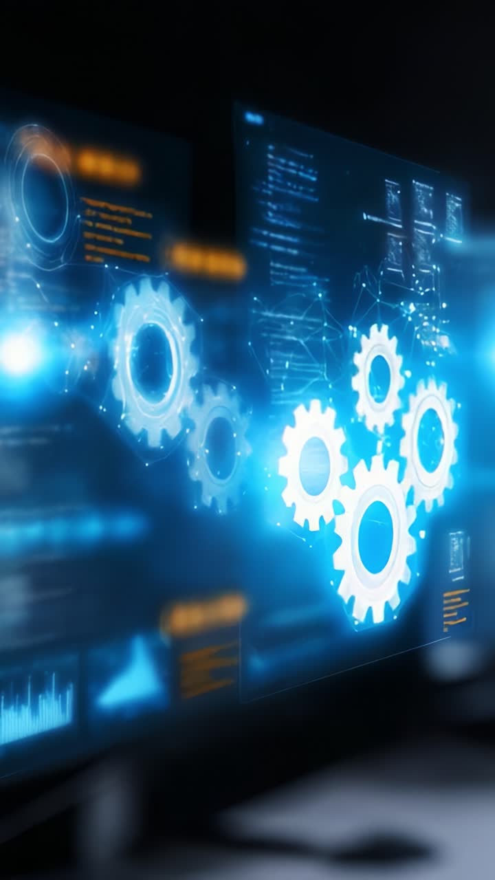 Futuristic Digital Interface Featuring Abstract Gears and Data Visualization in a Technological Setting, Illustrating Modern Automation Concepts