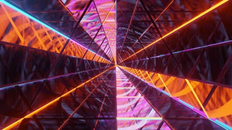 Motion-graphics-sci-fi:-travel-inside-futuristic-spaceship-corridor-of-colorful-patterns-and-straight-lines-towards-two-white-triangles