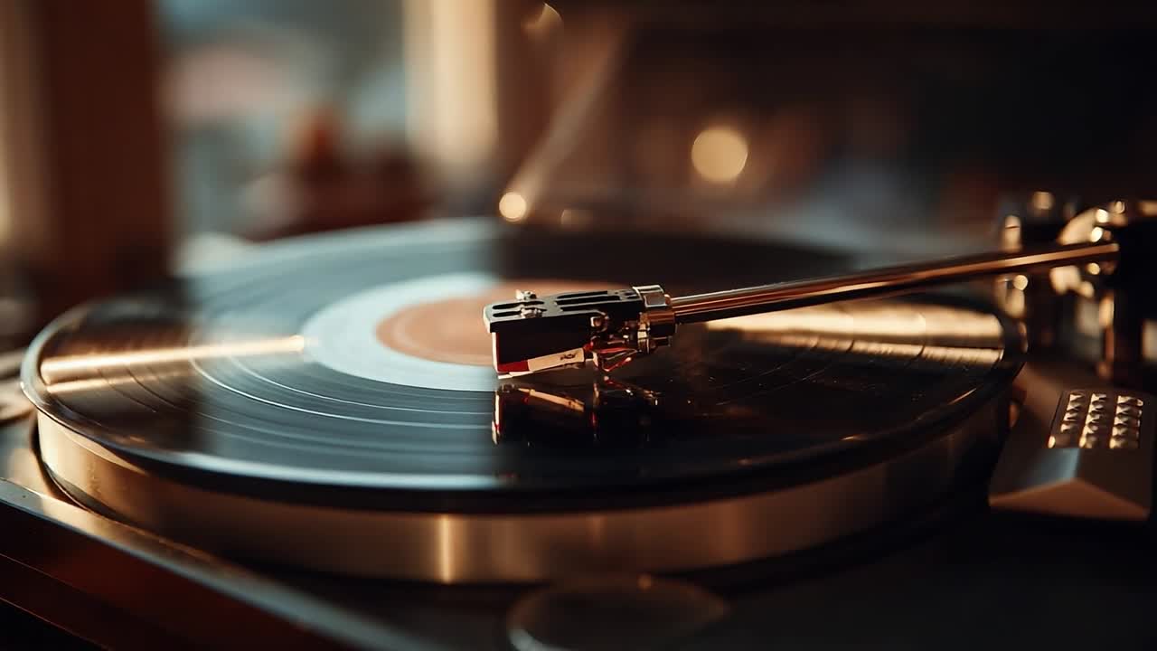 Vintage record player spinning a vinyl in warm evening light