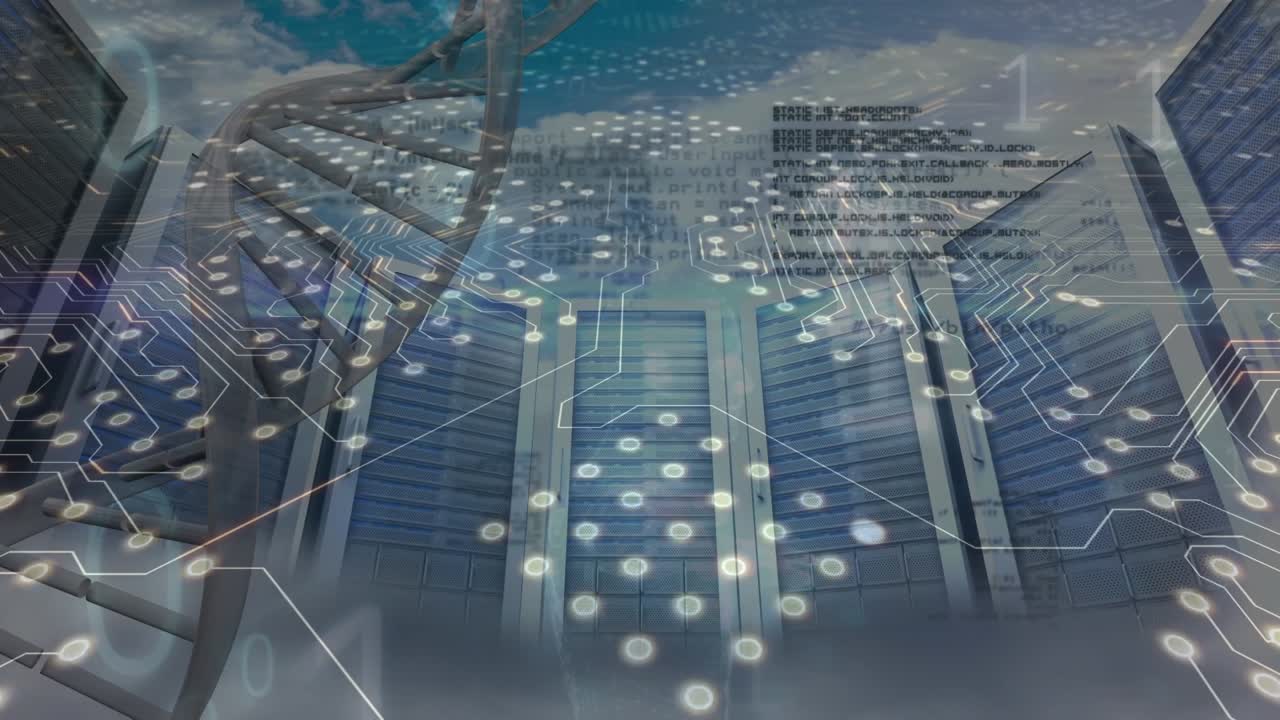 Animation of dna strand and computer circuit board with data processing over server room