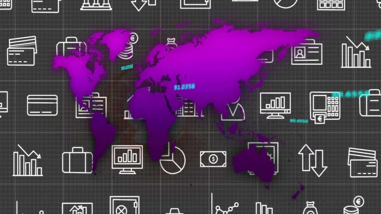 animación de iconos digitales y procesamiento de datos sobre el mapa del mundo