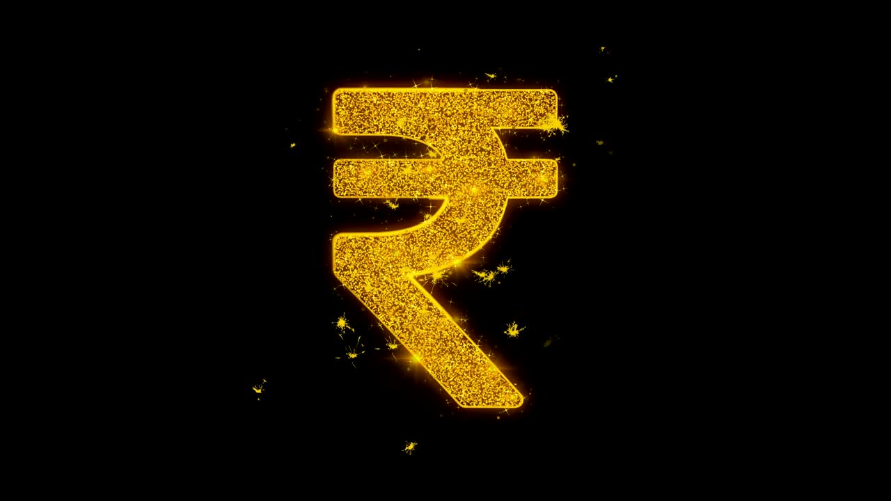 Rupee Indian Currency Icon Sparks Particles on Black Background.
