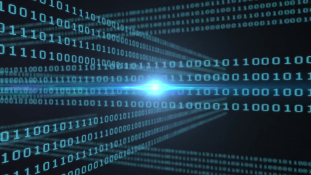 Animation of data processing and binary coding on blue background