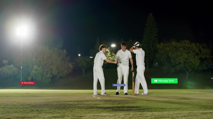 Giocatore di bowling che lancia la palla causando il wicket di cricket, team che festeggia ai ceppi sotto le luci, mouse che fa clic sull'UI