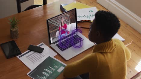 animation of 6g text banner over african american woman having a video call on laptop at home