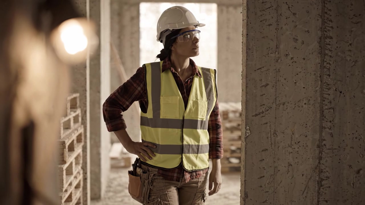 Construction Worker in Safety Gear Navigates Project Site, Showcasing Commitment to Safety and Professionalism in a Dynamic and Evolving Construction Environment
