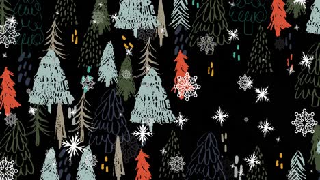 Animation-of-snow-falling-over-fir-trees-at-christmas