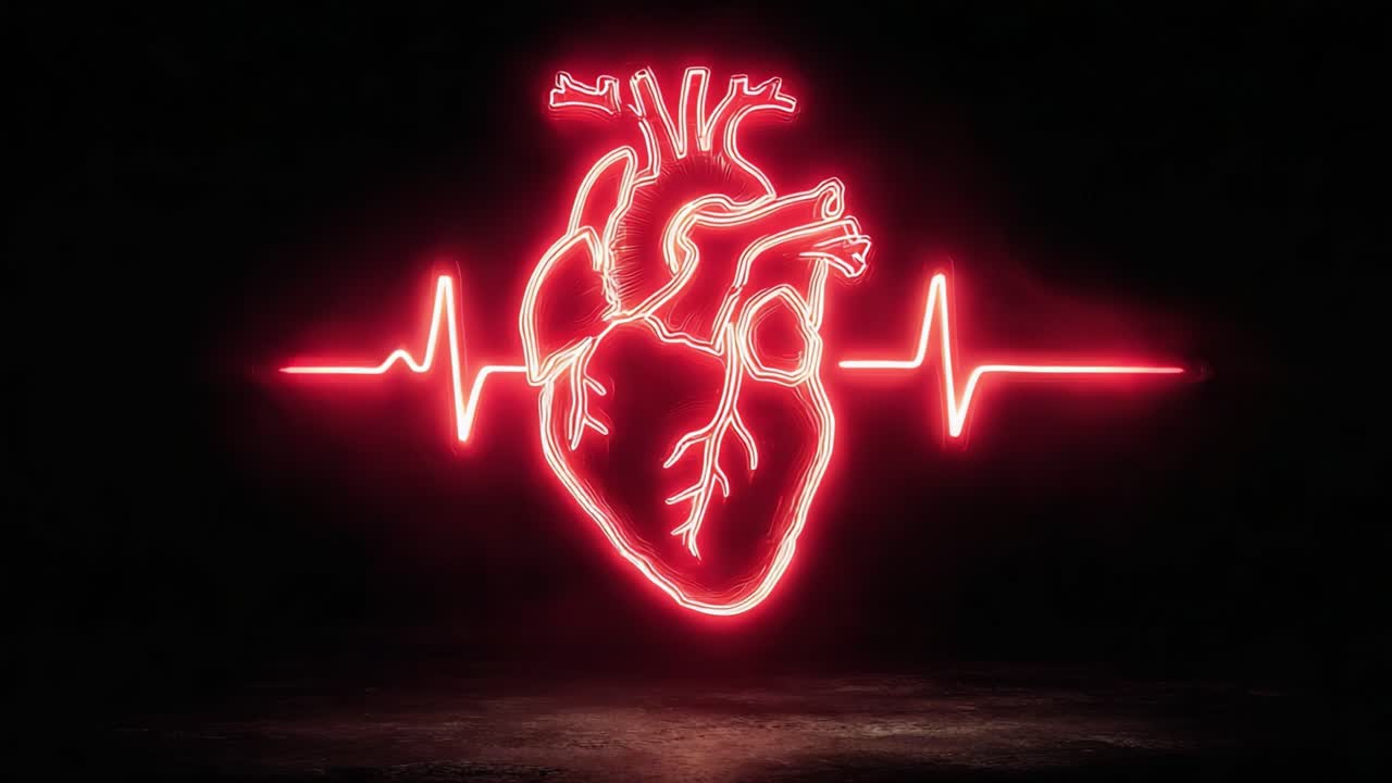 Illuminated Neon Heart with Pulse Line: A Captivating Visual Representation of Life and Vitality, Showcasing the Heart's Central Role in Human Existence and Emotion