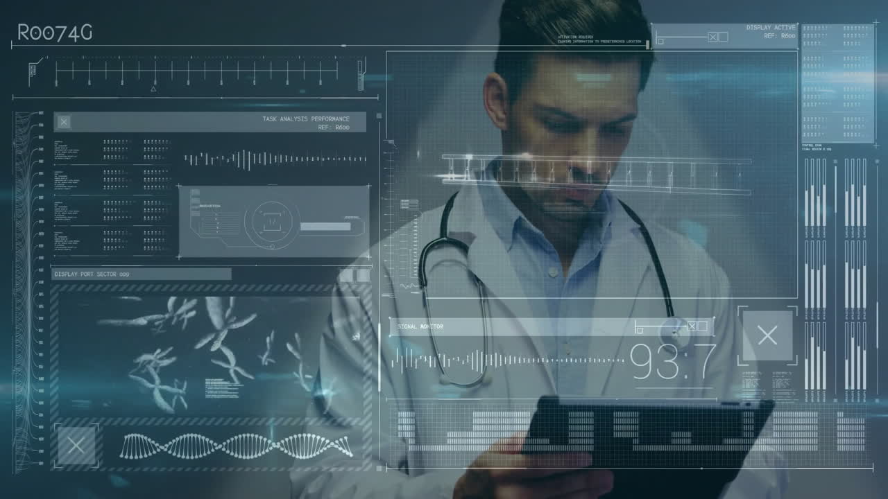 Doctor holding tablet in medical lab, displaying holographic waveforms DNA helix and stats