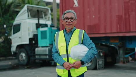 portrait of a worker at a port with truck and container