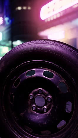 a spare tire sitting on the street at night in the city