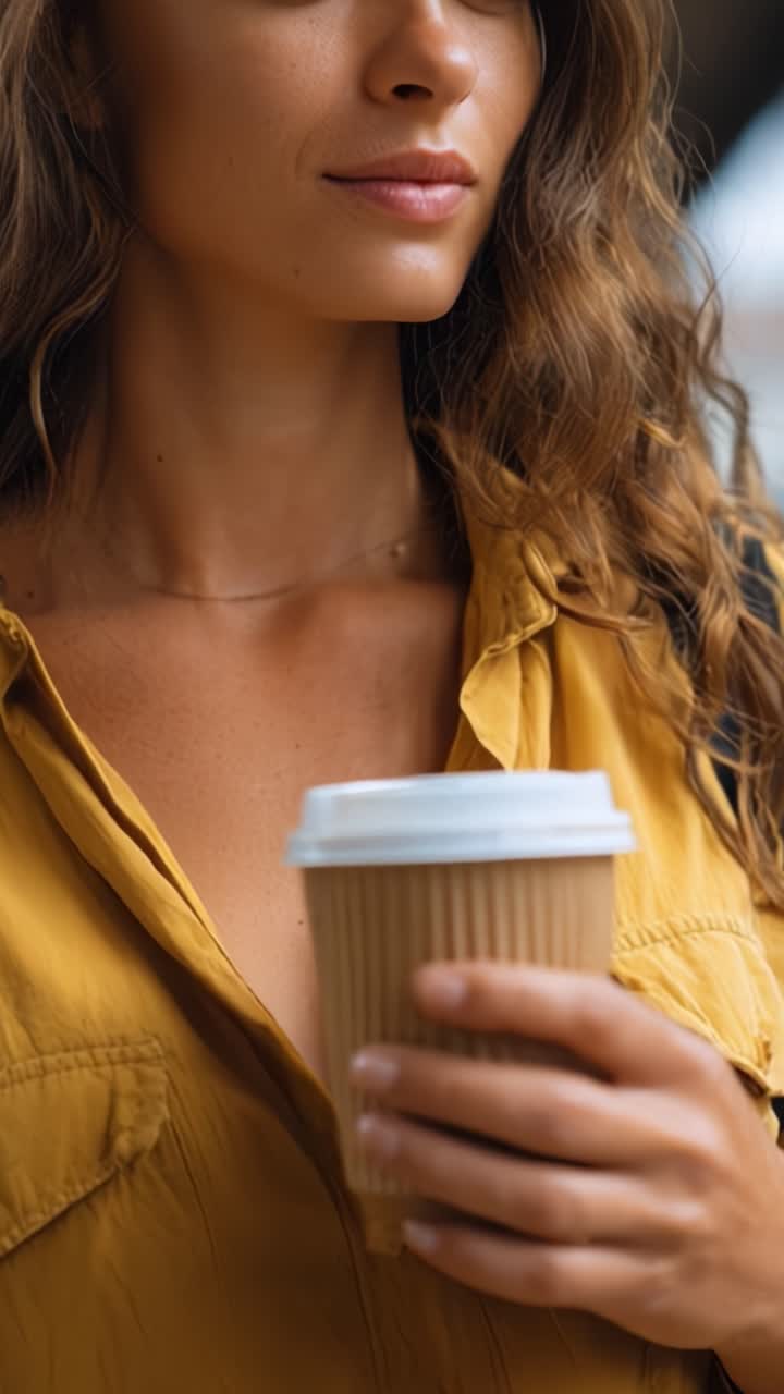 Una donna con i capelli ricci tiene una tazza di caffè usa e getta mentre indossa una camicia gialla, godendosi un momento in un contesto urbano, enfatizzando il suo aspetto casual ma elegante