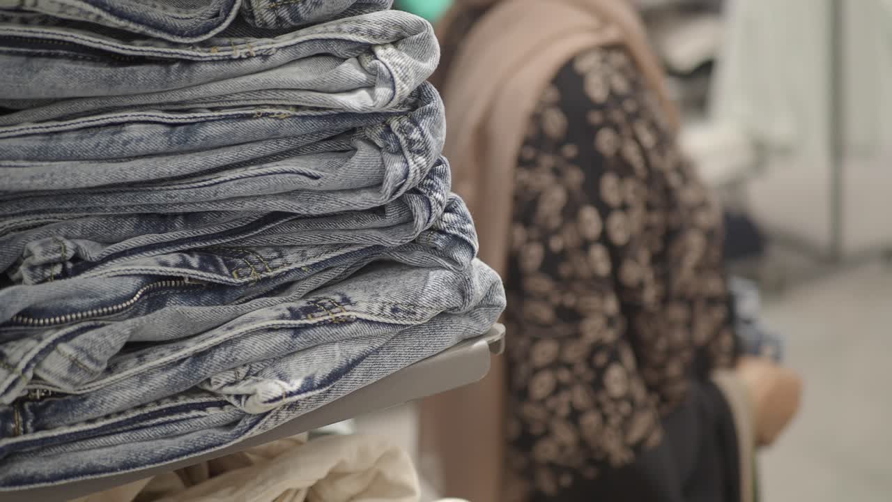 Stack of folded jeans in a clothing store with a person browsing