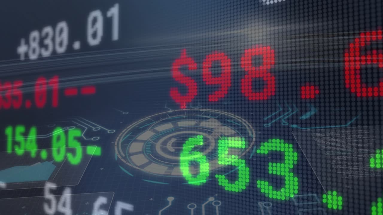 On frame shift, numeric tickers updating and blinking, circular HUD appearing to show market trends