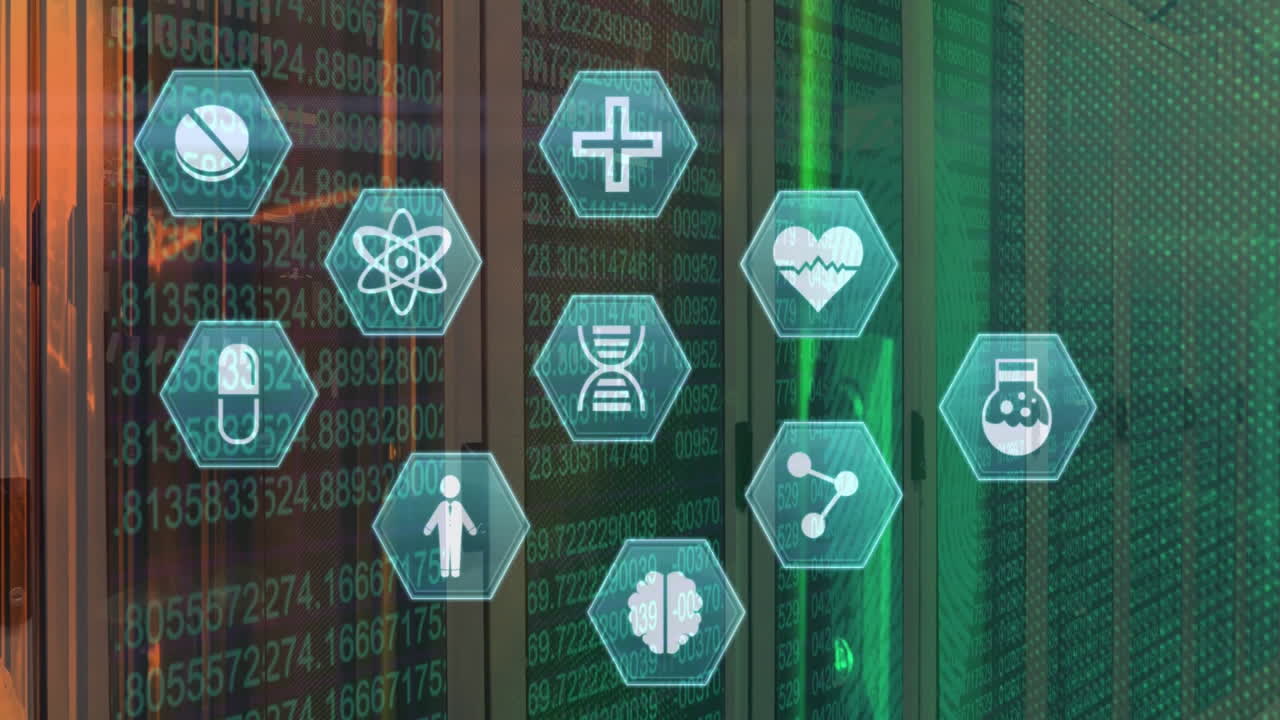 의료 아이콘의 애니메이션 및 컴퓨터 서버를 통해 디지털 데이터 처리