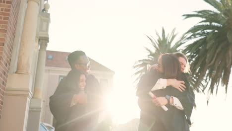 happy people, friends and hug in graduation