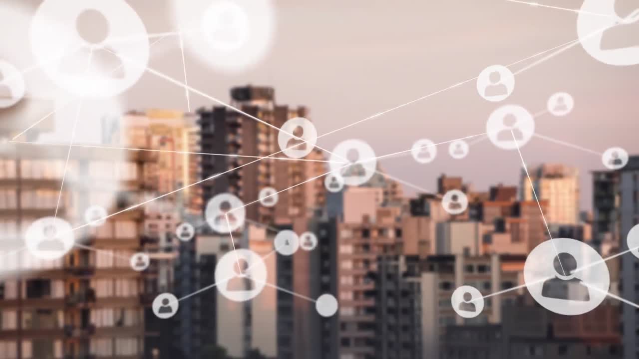 animación de la red de conexiones con las personas iconos sobre el paisaje urbano