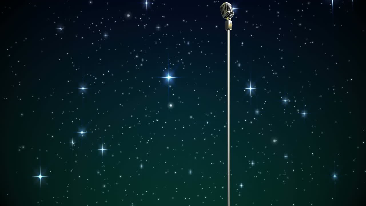 Animación de estrellas cayendo sobre un micrófono en un fondo oscuro