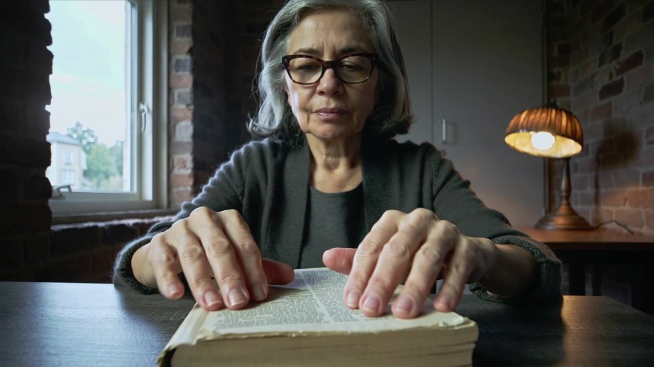 Placing hands, woman in sweater specs scanning book with fingers, reading at home by lamp glowing