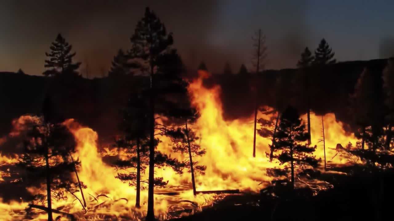 Scene drammatiche di un incendio boschivo: assisti alle potenti forze della natura mentre le fiamme avvolgono gli alberi, creando un paesaggio infuocato contro un cielo che si oscura.