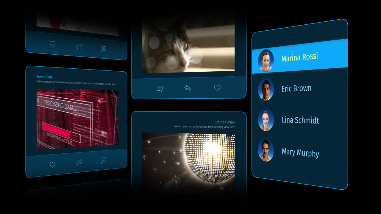 animación de la interfaz con las publicaciones de las redes sociales y los perfiles de las personas en fondo negro