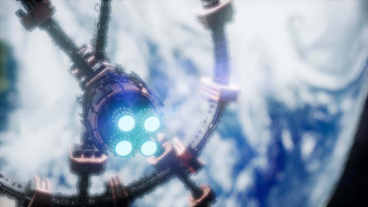 지구와 우주선의 모습. iss는 지구를 공전하고 있습니다.