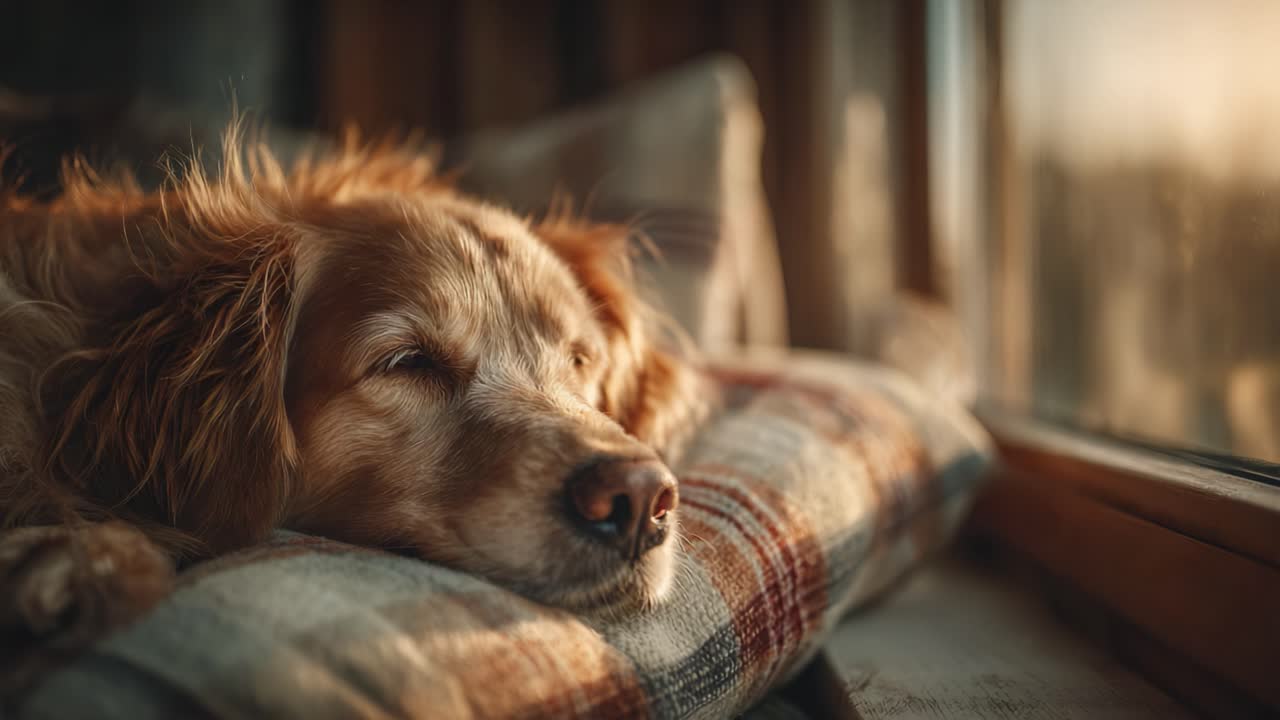 A Serene Moment: A Golden Dog peacefully resting on a cozy pillow by the warm window, basking in the soft glow of sunlight during a tranquil afternoon