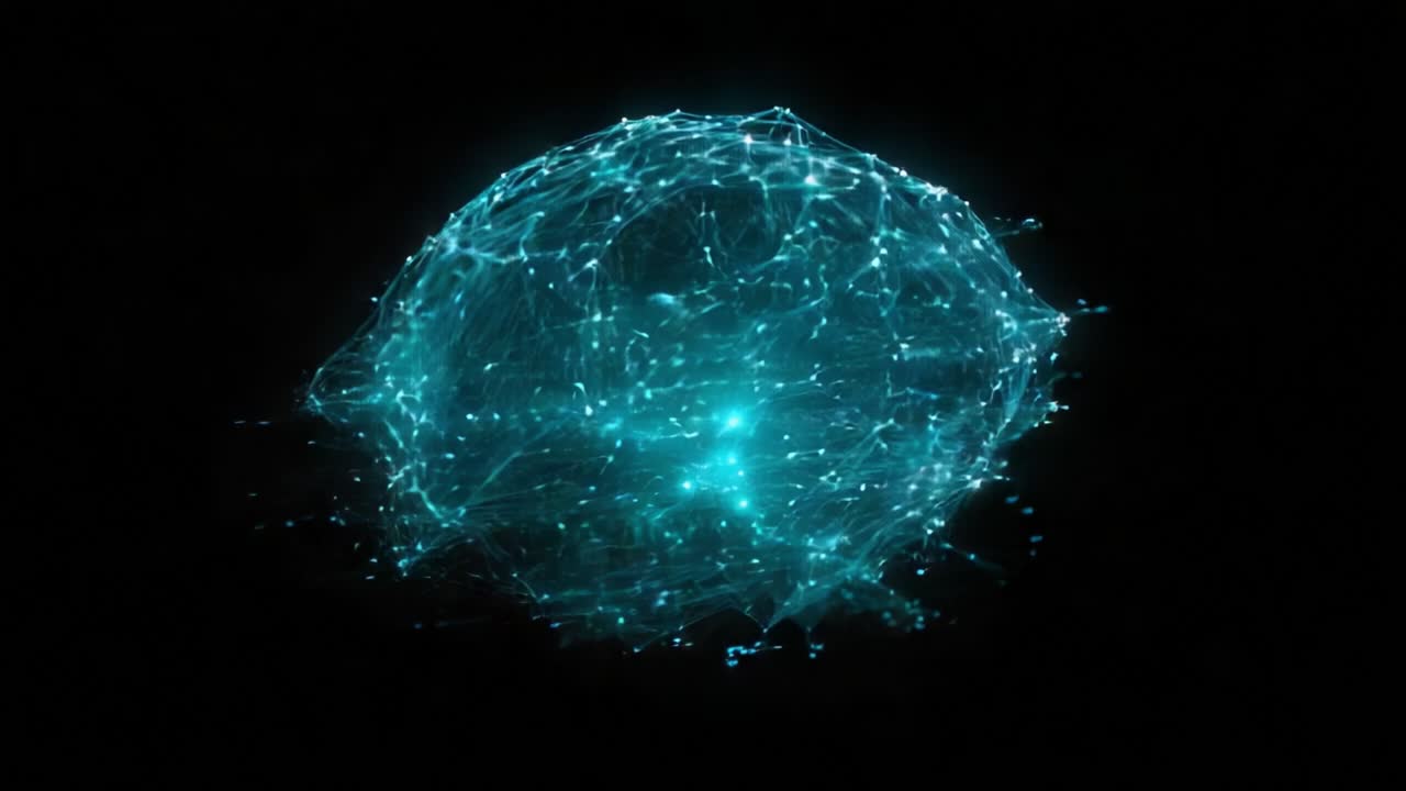 A Dynamic Visualization of a Neural Network Representing the Human Brain Showcasing Light and Connectivity in an Intelligently Designed Abstract Form