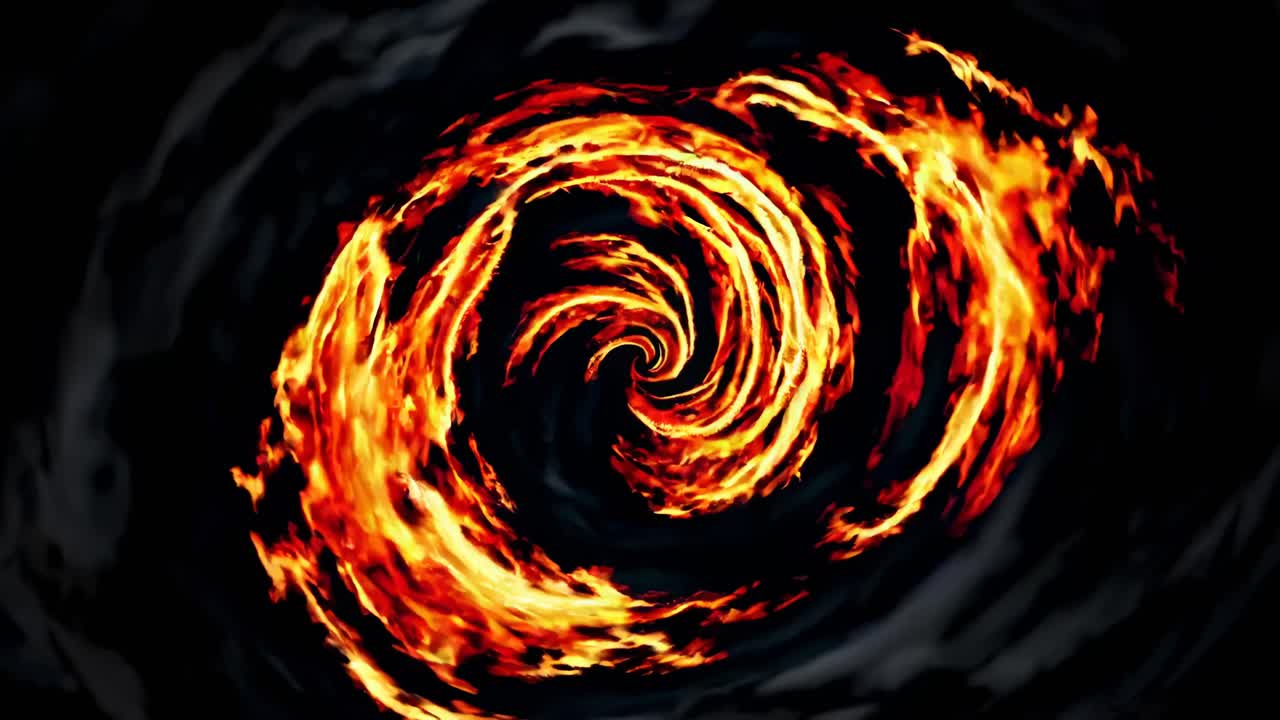 Dynamic top-down video view of swirling flames creating a fiery vortex, capturing intense energy