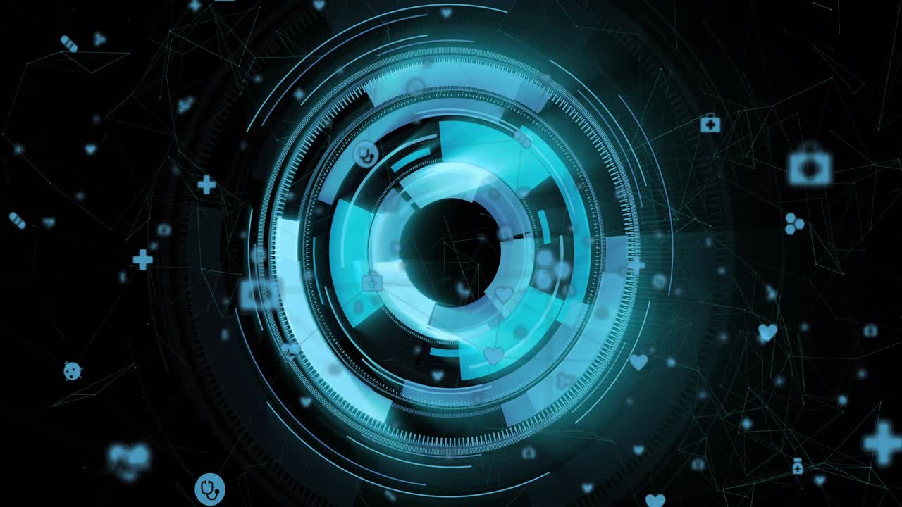 Small glowing ring initiating animation, central cyan HUD expanding, rotating rings organizing data