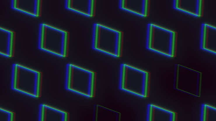A grid of uniquely colored squares in green, blue, and purple, repeating to form a larger pattern. Each square showcases a different color, generating an intricate and visually captivating design