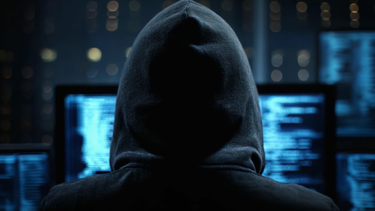 A Mysterious Figure in a Hooded Sweatshirt Focused on Multiple Computer Screens Displaying Code, Creating an Enigmatic Atmosphere of Cyber Activity and Intrigue