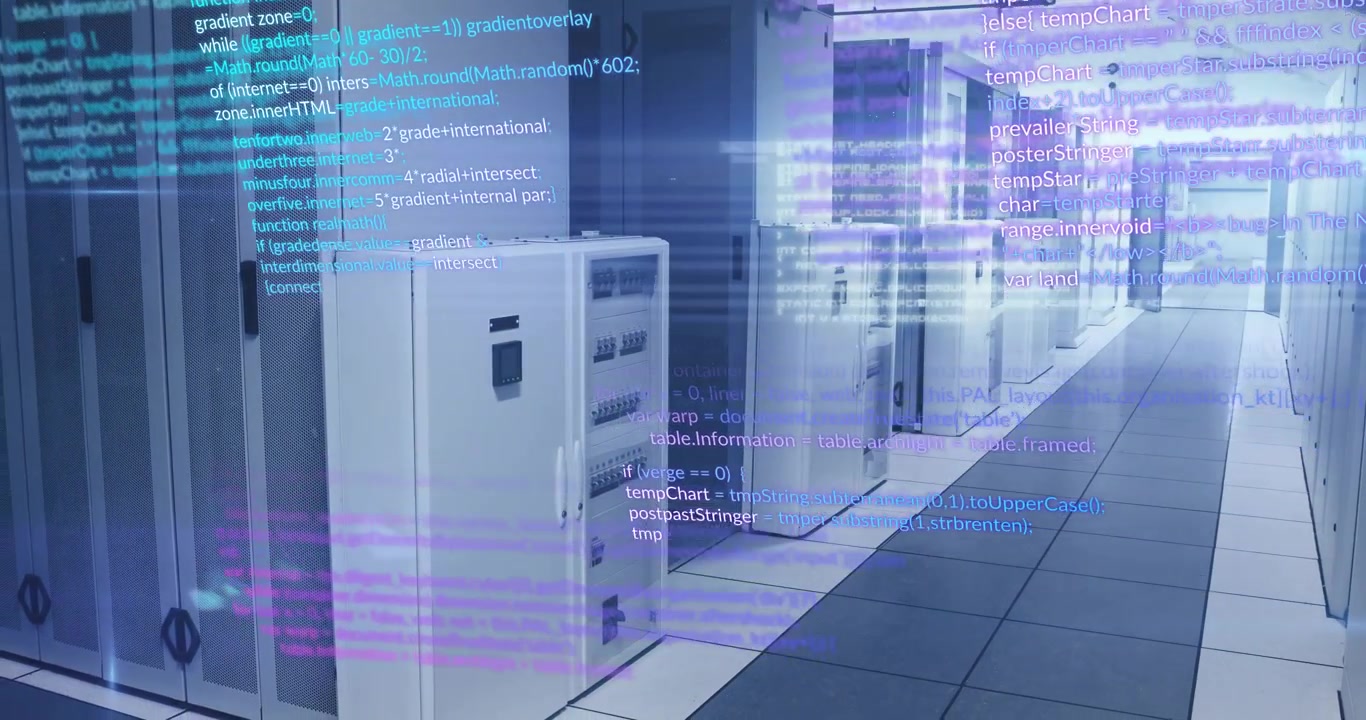 Cyan magenta code lines starting scrolling across server cabinets, camera panning showing data flow
