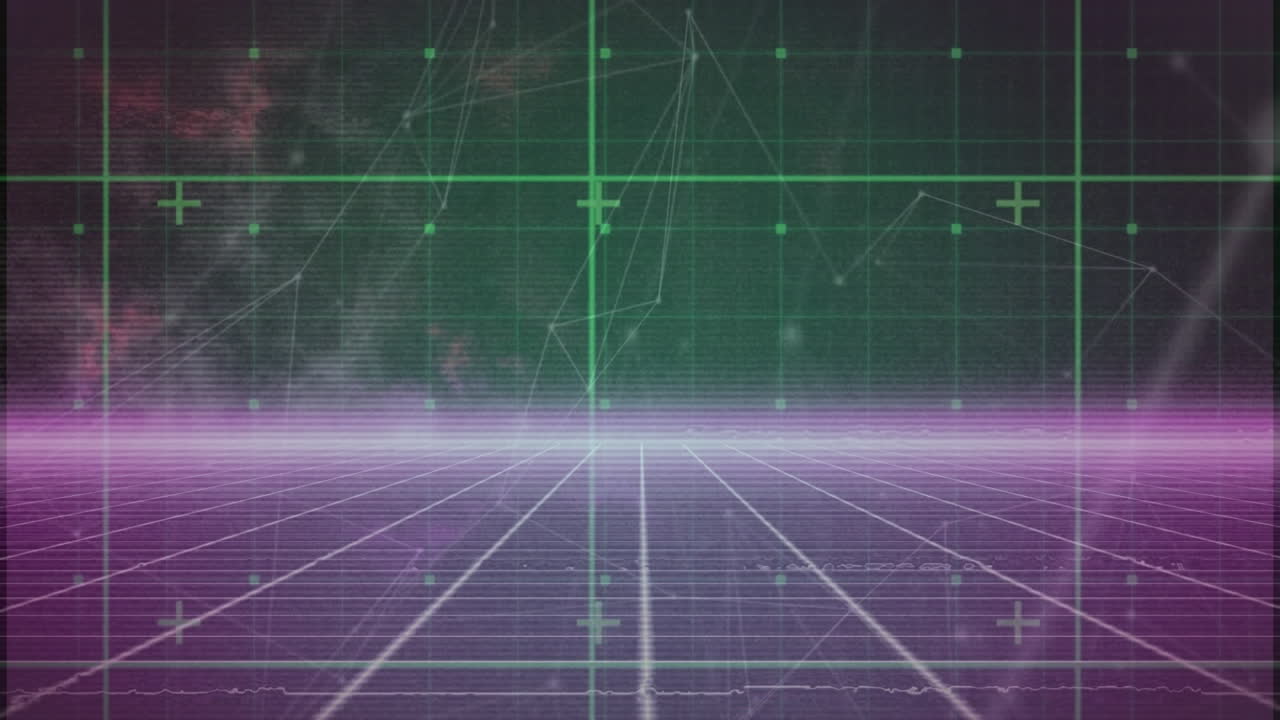 검은 바탕에 대한 보라색 그리드 네트워크를 통해 연결 네트워크의 애니메이션