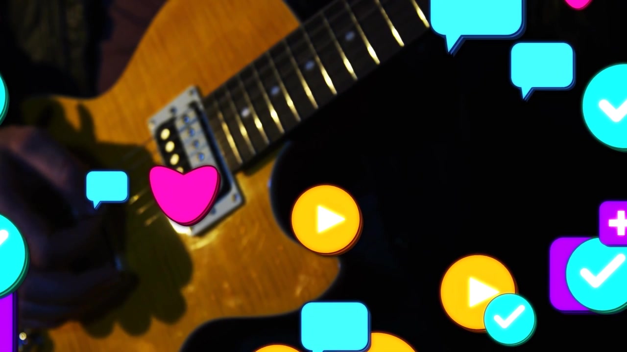 Musiker spielt Gitarrenhals, zupft Saiten, funkelnde Herzen und Wiedergabe-Symbole verdecken die Hände.