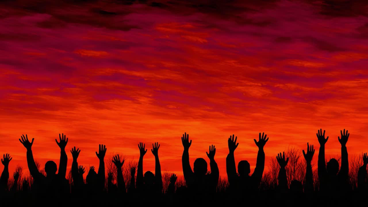 A Powerful Expression of Unity and Hope: Silhouetted Figures Reach Towards the Stunning Sunset Sky, Creating a Dynamic Scene of Emotion and Aspiration