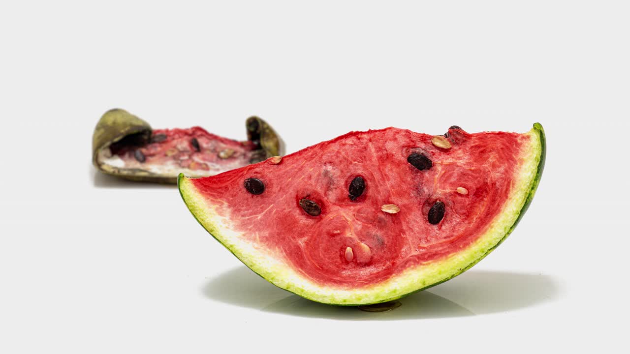un pedazo de sandía madura pudriéndose sobre un fondo blanco, cámara lenta, video cognitivo educativo, video de bucle de inversión de tiempo