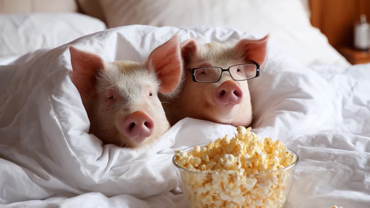 Two Adorable Pigs Snuggled Together Under a Cozy Blanket Enjoying Popcorn While Watching a Movie in Bed, Complete with Cute Glasses