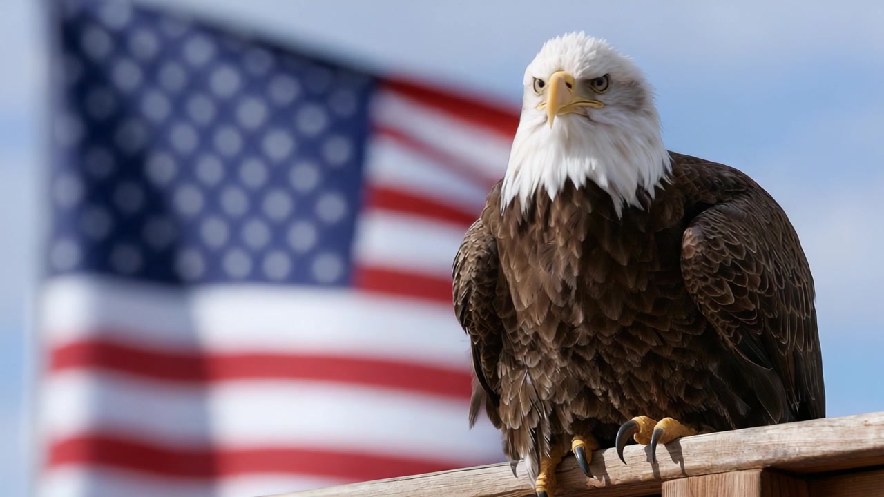 En majestætisk hvidhovedet ørn, der stolt sidder foran et flagrende amerikansk flag, fanger essensen af frihed og styrke i naturen.