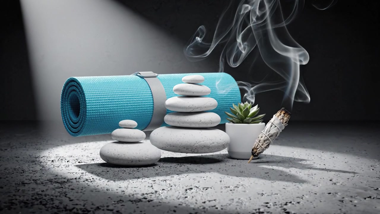 En fridfull komposition med en yogamatta, staplade stenar, en krukväxt och mystisk rök skapar lugn i alla meditations- eller wellnessutrymmen