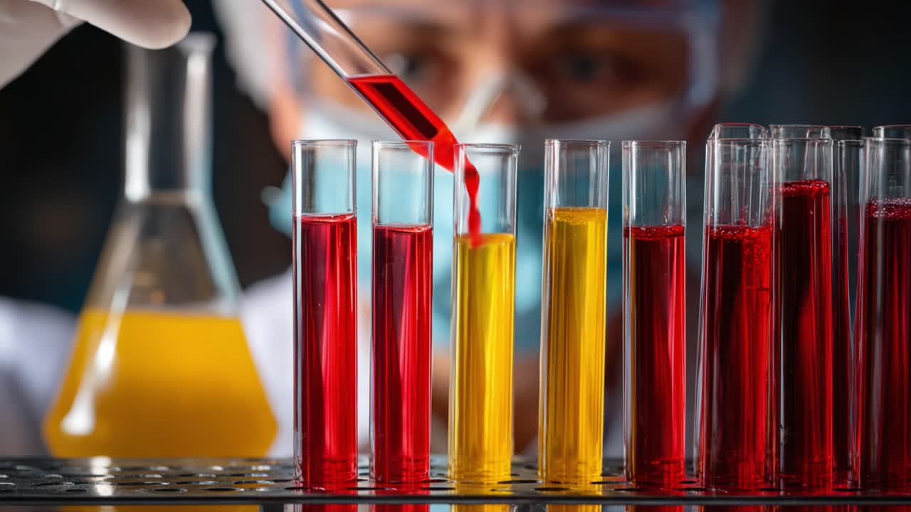A Focused Scientist Conducting Experiments with Test Tubes of Colorful Liquids, Showcasing the Vital Role of Chemistry in Research and Innovation