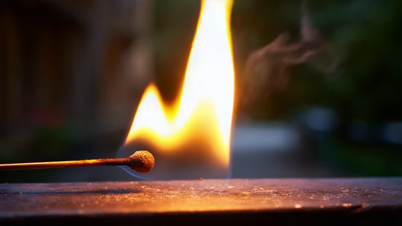 Captivating Flames: A Match Igniting in All Its Fiery Glory, Illustrating the Dance of Fire and Smoke Against a Moody Background in Urban Setting