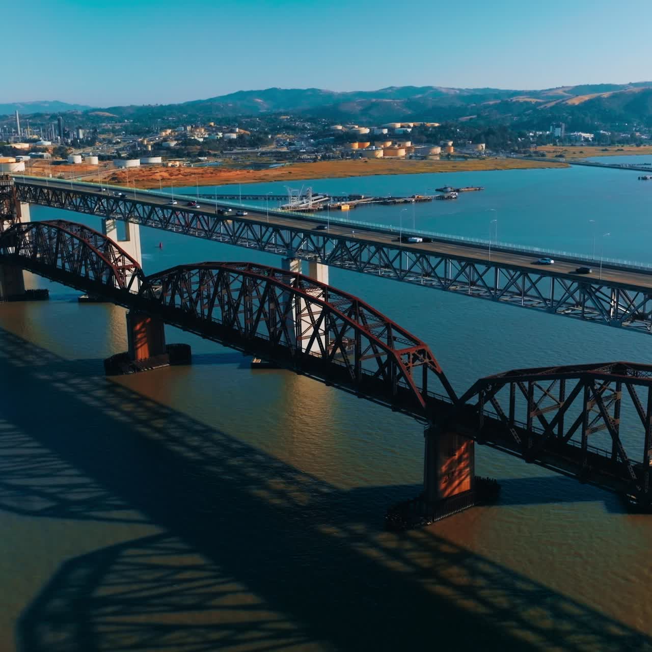 Aerial traffic bridge transportation. Martinez bridge connecting to Benicia