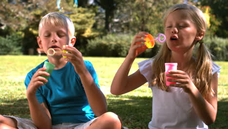 siblings having fun together with bubbles