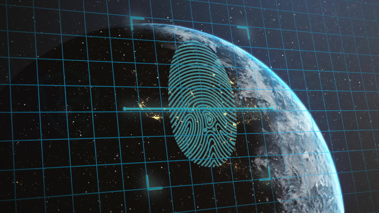 Animation of biometric fingerprint and connection with padlocks over globe and dark background