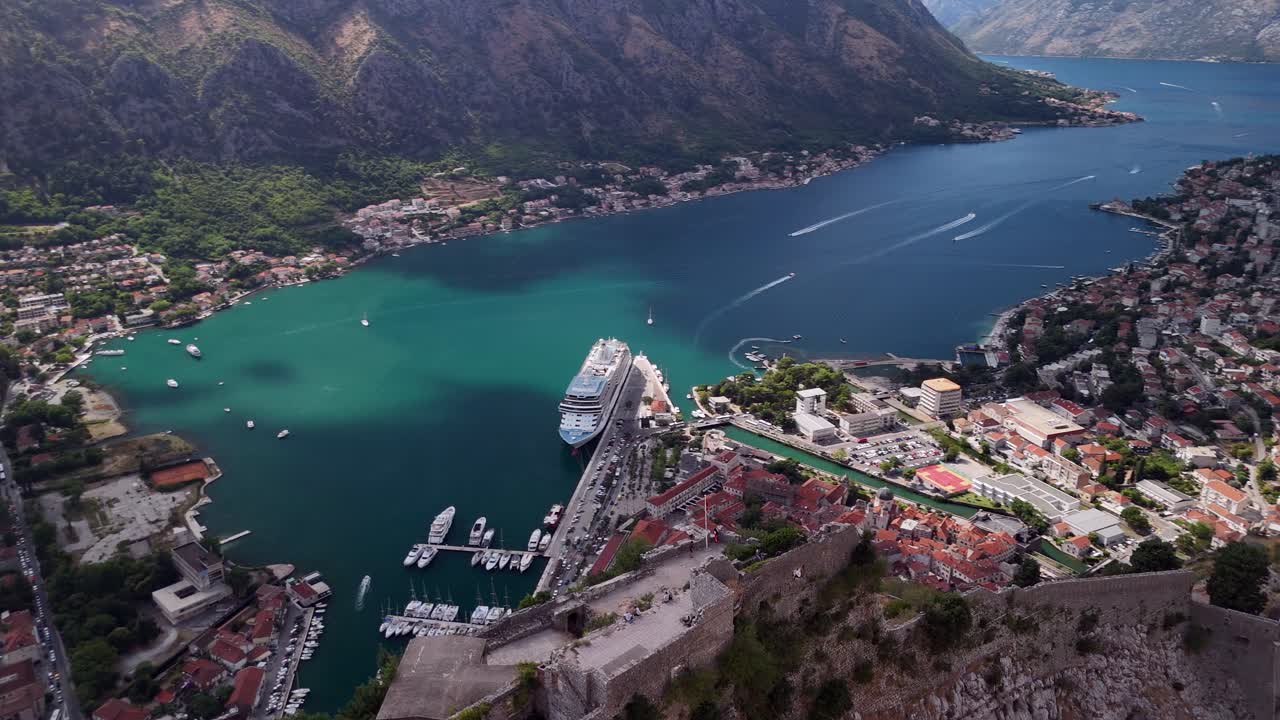 Aerial orbits ruin of mountain top fortress San Giovanni at Kotor, MNE