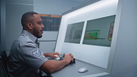 airport security guard monitoring x-ray baggage scanner