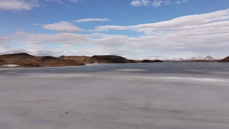 frozen lake myvatn during winter in iceland. - aerial pan shot